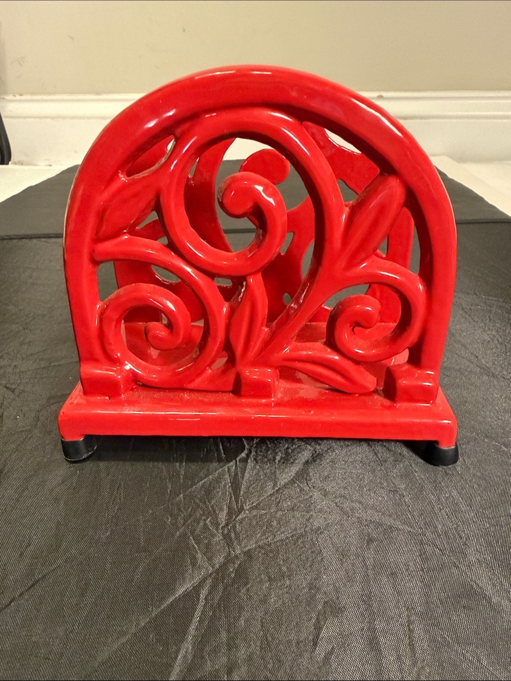 Red Decorative painted cast Napkin Holder with Scroll Motif